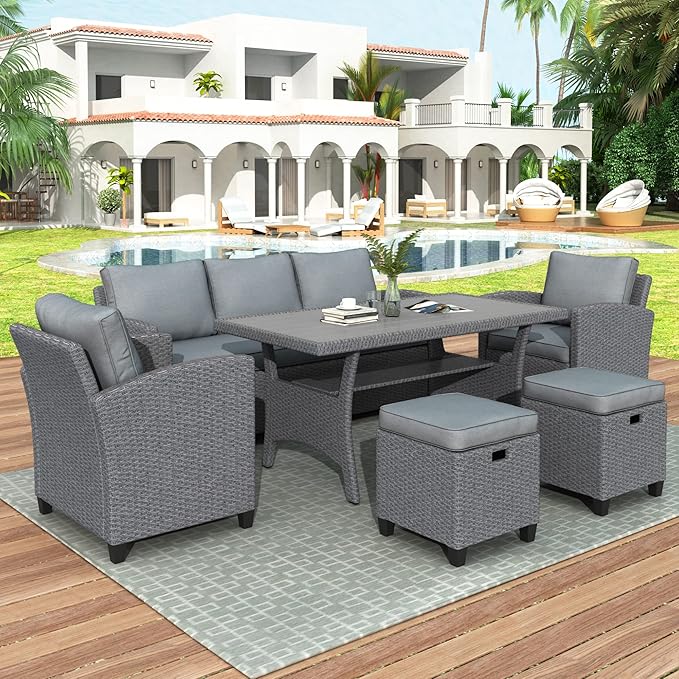 7 Pieces Patio Furniture Outdoor Sectional Sofa Conversation Set All Weather Wicker Rattan Couch Dining Table & Chair with Ottoman, OneSize, Cb-Grey