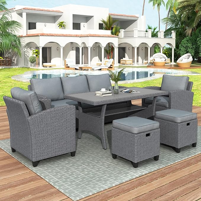 6 7 Pieces Patio Furniture Outdoor Sectional Sofa Conversation Set All Weather Wicker Rattan Couch Dining Table & Chair with Ottoman, Cc-Grey