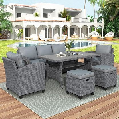 6 7 Pieces Patio Furniture Outdoor Sectional Sofa Conversation Set All Weather Wicker Rattan Couch Dining Table & Chair with Ottoman, Cc-Grey