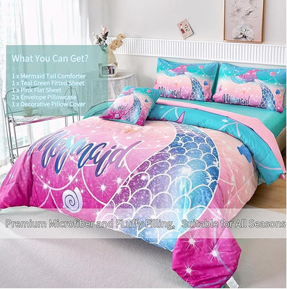 RYNGHIPY Kids Girls Comforter Set 6Pcs, Mermaid Bed in a Bag Twin Size, Fish Tail Print Teens Girls Bedding Set, Rainbow Bedding Collections