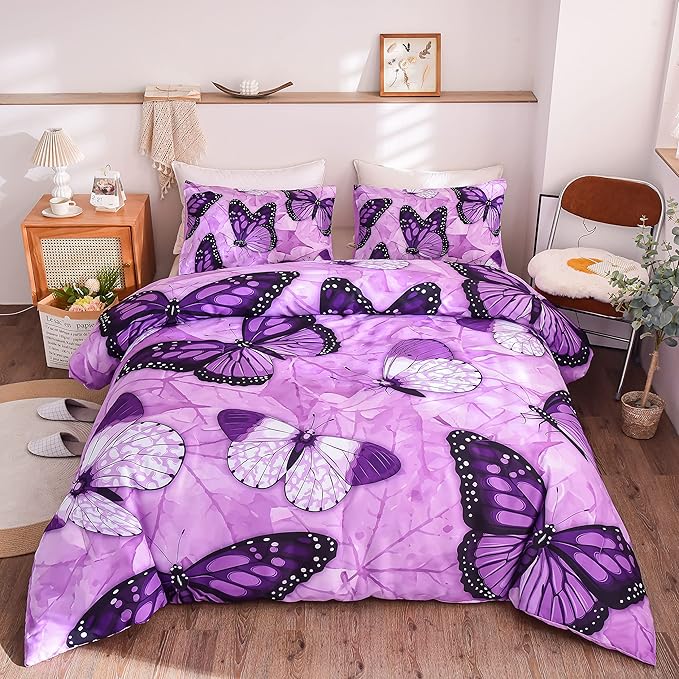 Btargot 3 Piece Purple Butterfly Girls Kids Adults Full Size Comforter Set, Lightweight Soft All Season Bedding Set with 2 Pillowcases