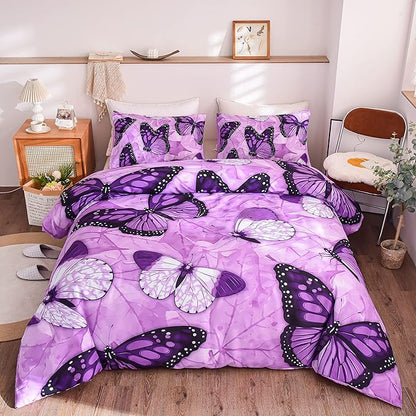 Btargot 3 Piece Purple Butterfly Girls Kids Adults Full Size Comforter Set, Lightweight Soft All Season Bedding Set with 2 Pillowcases