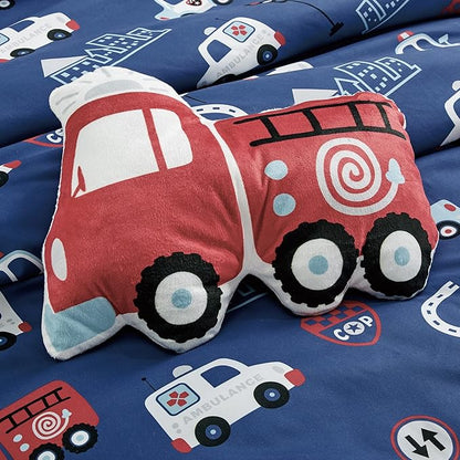 for Kids Fire Turck 4-Piece Comforter Set - Beautiful Motif Design Bedding Set with Embrodery Print