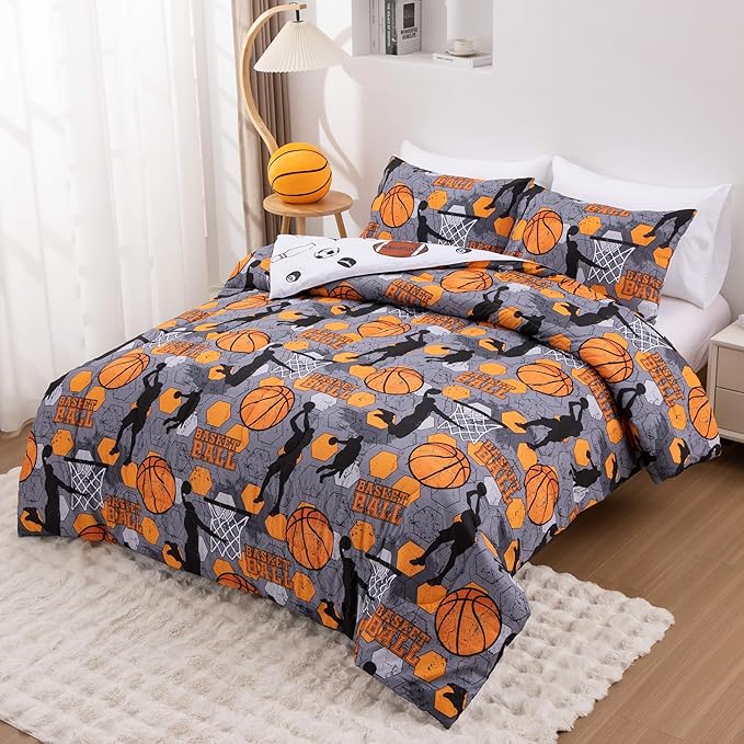 Btargot 3 Piece Grey Geometric Basketball Comforter Set Full for Boys Teens, 3D Sports Bedding,Soft Microfiber Reversible Quilt with 2 Matching Pillow Shams, Yellow