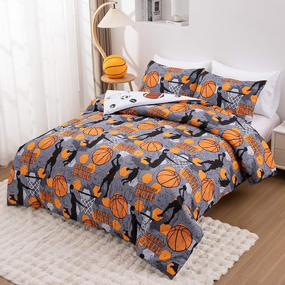 Btargot 3 Piece Grey Geometric Basketball Comforter Set Twin for Boys Teens, 3D Sports Bedding,Soft Microfiber Reversible Quilt with 2 Matching Pillow Shams, Yellow