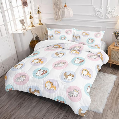 Datura home White Kawaii Cat Comforter Bedding Set Girls Kitten White Print Cute Animal Pattern Bedding Set 1 Comforter 2 Pillowcases Girls Bedroom All Season(Cat White Full) Full 80x90''