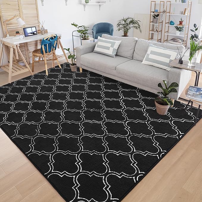 Chicrug Shag Geometric Modern Area Rug for Living Room, 3x5 Feet Large Memory Foam Indoor Carpet, Fluffy Rug for Bedroom Bedside Room Decor for Family Girls Kids Nursery, Black/White