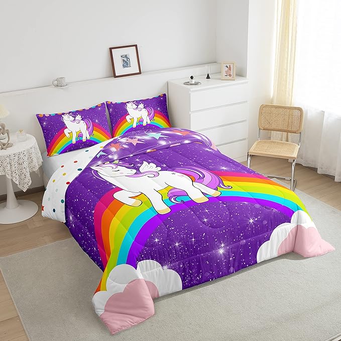 Kids Unicorn Comforter Set Queen Cartoon Rainbow Bedding Set for Girls Children Purple Cute Unicorn Glitter Down Comforter Kawaii Galaxy Stars Fantasy Geometric Room Decor Bedding Comforters & Sets