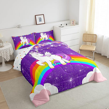 Girls Unicorn Bedding Set King Cute Rainbow Comforter Set For Kids Purple Cartoon Unicorn Glitter Stars Down Comforter Kawaii Galaxy Fantasy Geometric Bedroom Decor Lightweight Quilted Duvet