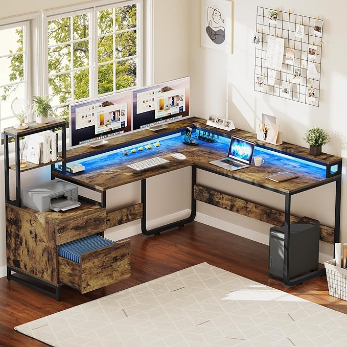 YITAHOME L Shaped Desk with Power Outlets & Hutch, Computer Desk with Drawers & LED Lights, Reversible Corner Office Desk with Printer Stand for Home Office, Rustic Brown