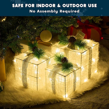 Joiedomi Christmas Lighted Gift Boxes, Christmas Decorations Set of 3, Light up Present Boxes, 60 LED Warm White Lights for Indoor Holiday Décor, Christmas Eve Night Décor