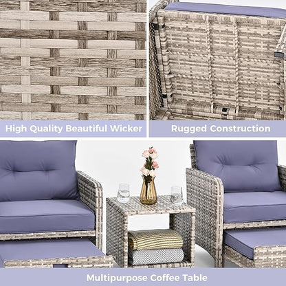 Pamapic 5 Pieces Outdoor Patio Wicker Chairs Set with Ottoman .Outside Conversation Furniture Set with Cushions and Coffee for Balcony Porch Lawn Garden Table (Purple Cushion + Grey Rattan)