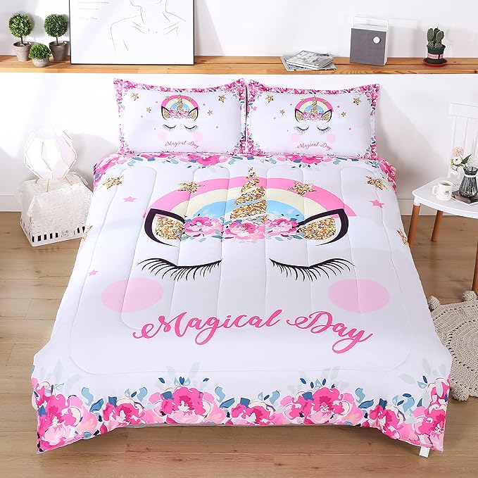 Unicorn Bedding Flower Girl Unicorn Comforter Set 3pc Soft Kid's Pink Unicorn Bedding Sets for Teen Girls