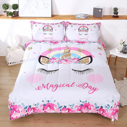 Unicorn Bedding Flower Girl Unicorn Comforter Set 3pc Soft Kid's Pink Unicorn Bedding Sets for Teen Girls