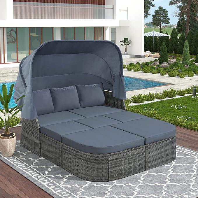 Rectangle Furniture Daybed Sunbed with Retractable Canopy, Outdoor Wicker Conversation Set with Cushions for Patio, Backyard, Porch, Garden, Onesize, Hb-Gray
