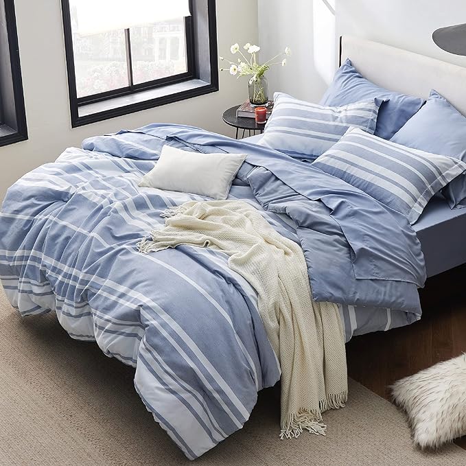 Bedsure Full Size Comforter Set 7 Pieces, Blue White Striped Bedding Comforter Sets All Season Bed Set, Bed in a Bag Full with Comforter, Sheets, Pillowcases & Shams