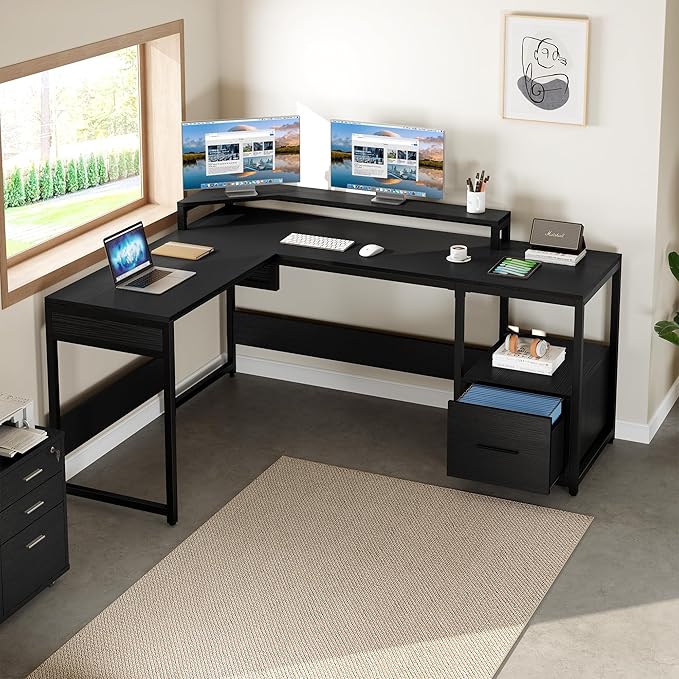 YITAHOME L Shaped Desk with File Drawer, 65" Large Computer Desk Corner Desk with Lift Top, Standing Desk Height Adjustable with Monitor Stand & Storage Shelves for Home Office, Black
