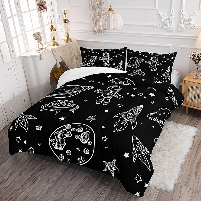 Datura home Kids Space Astronaut Comforter Set for Boys Kids Children,Galaxy Space Ship Astronaut Rocket Printed Bedding Set with 1 Comforter and 2 Pillowcases(Space Galaxy Full), Full 80x90inches