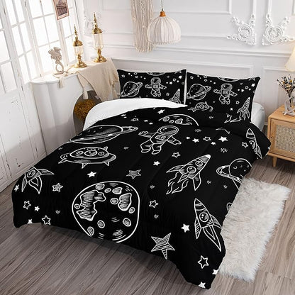 Datura home Kids Space Astronaut Comforter Set for Boys Kids Children,Galaxy Space Ship Astronaut Rocket Printed Bedding Set with 1 Comforter & 2 Pillowcases(Space Galaxy Queen), Queen 90x90inches