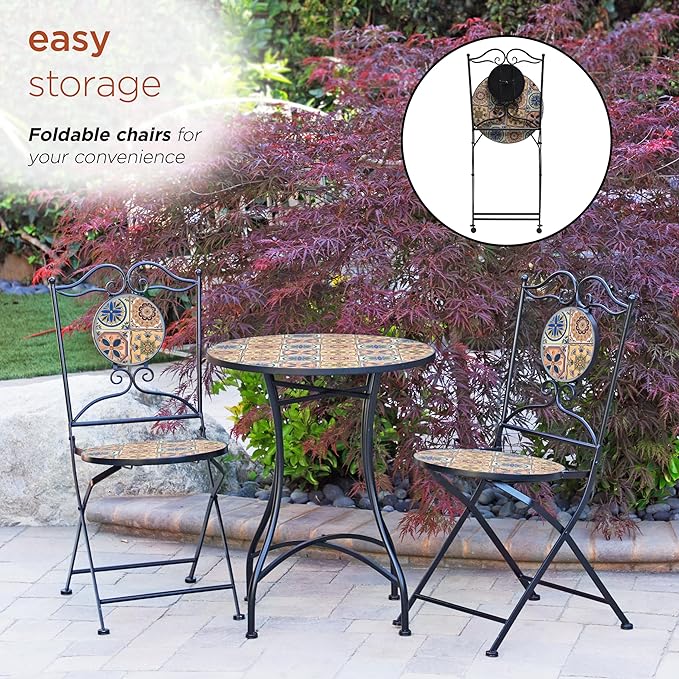 Alpine Corporation Indoor/Outdoor Mediterranean Tile Design Set Table and Chairs Patio Seating
