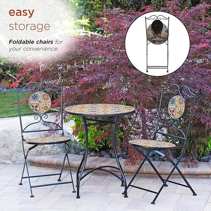 Alpine Corporation Indoor/Outdoor Mediterranean Tile Design Set Table and Chairs Patio Seating