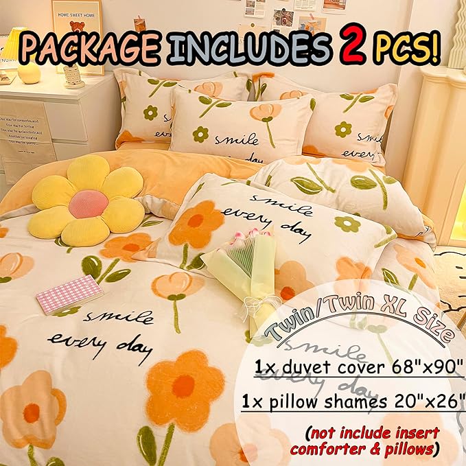 MorroMorn Twin Bedding Sets, Orange Floral Duvet Cover Set, Fluffy Comforter Covers Blanket Ultra Soft Cute Flowers for Girls Kids Toddler Teen Preppy Dorm Twin/Twin XL Size