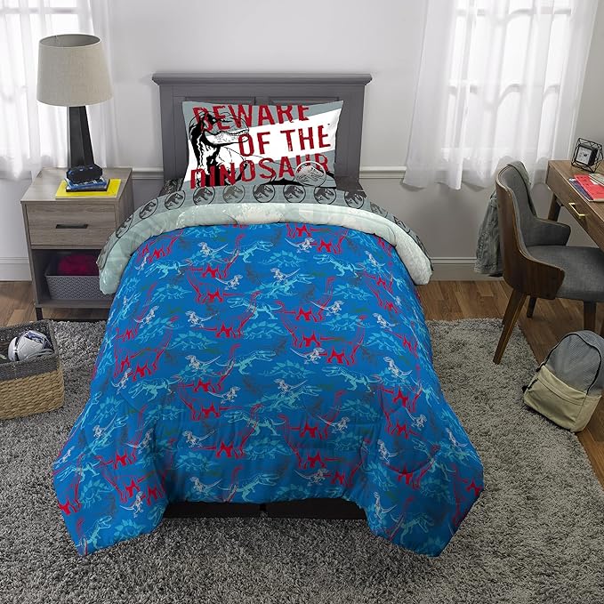 Jurassic World Dominion Blue Velociraptor and Rexy T-Rex Super Soft Microfiber Reversible Comforter, Twin Size, Bedding by Franco Kids