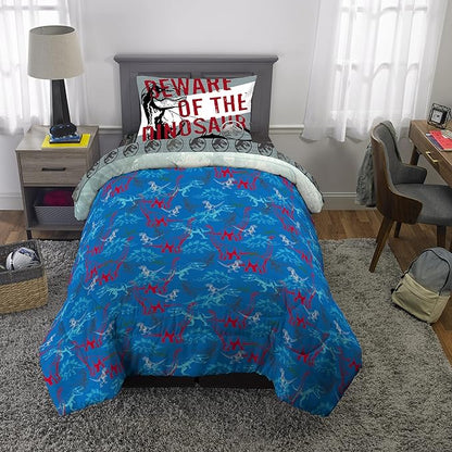 Jurassic World Dominion Blue Velociraptor and Rexy T-Rex Super Soft Microfiber Reversible Comforter, Twin Size, Bedding by Franco Kids