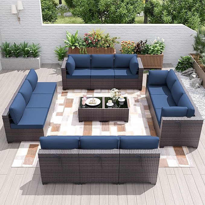 Patio Furniture Set 14-Piece Outdoor Furniture for Backyard Wicker Sectional Sofa Set, PE Rattan Patio Conversation Set 12 Seat with Thickened Cushions and Glass Coffee Tables, Navy Blue