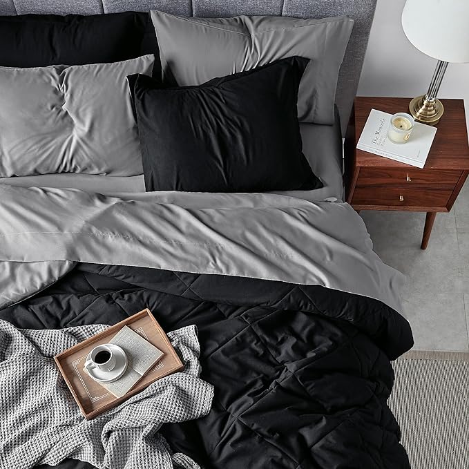 Bedsure Black Twin XL Comforter Set - 5 Pieces Reversible Black Bed Set Twin XL with Comforters, Sheets, Pillowcase & Sham, Black Bedding Set for College