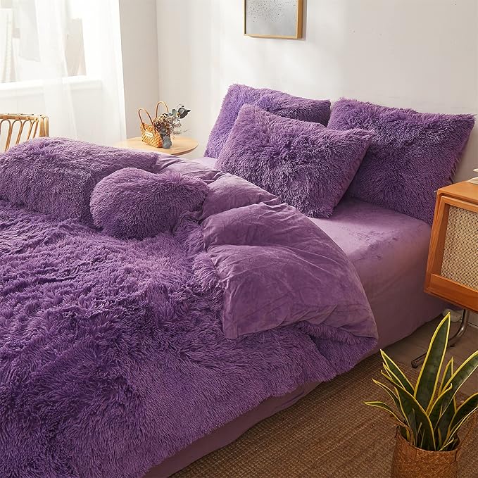 FOPPA Dark Purple Faux Fur Comforter Cover Set Ultra Soft Plush Bedding Sets 3 Pieces (1 Faux Fur Duvet Cover + 2 Faux Fur Pillow case) Zipper Closure (Queen, Dark Purple)