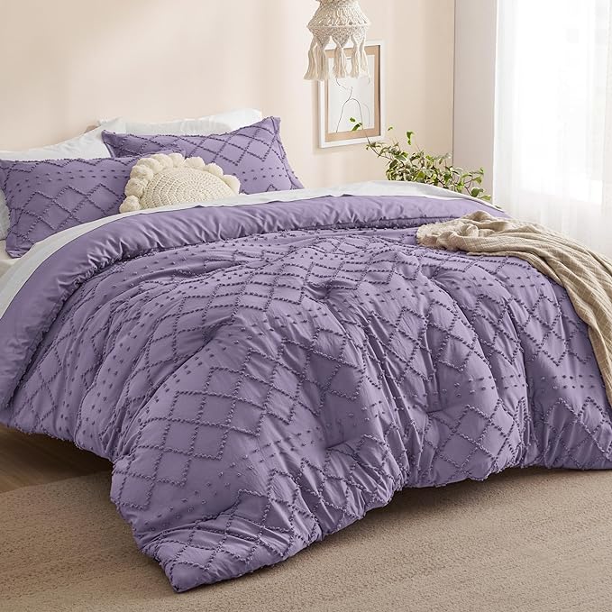 Bedsure Full Size Comforter Set - Grayish Purple Comforter, Boho Tufted Shabby Chic Bedding Comforter Set, 3 Pieces Farmhouse Bed Set for All Seasons, Fluffy Soft Bedding Set with 2 Pillow Shams