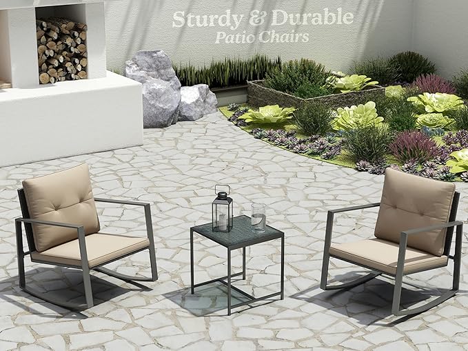 3 Piece Rocking Bistro Set - Synthetic Wicker Outdoor Furniture - Glass Coffee Table with 2 Chairs for Balcony, Patio & Porch - Black Metal, Soft Cushions (Coffee)