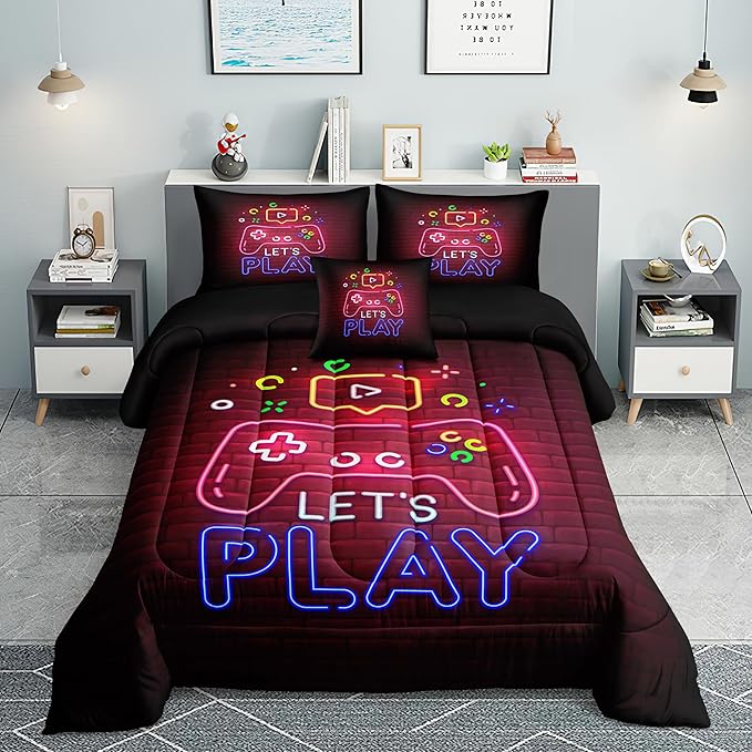 Gamer Comforter Sets,6 PCS Gaming Bedding Set for Boys,Kids Comforter Sets for Boys,Twin Comforter Sets for Boys,Bed in A Bag with Sheets(Twin,Red Color)