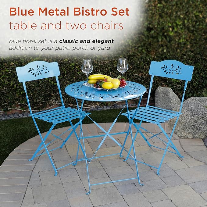 Alpine Corporation Indoor/Outdoor 3-Piece Bistro Set Folding Table and Chairs Patio Seating, Blue