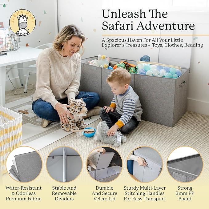 Kids Toy Chest for Boys & Girls - Stylish Versatile Stuffed Animal Holder & Toddlers Toy Organizer Makes Play Room Organization Easy - Made with Strong PP Board - Gray bin with Cationic Fabric