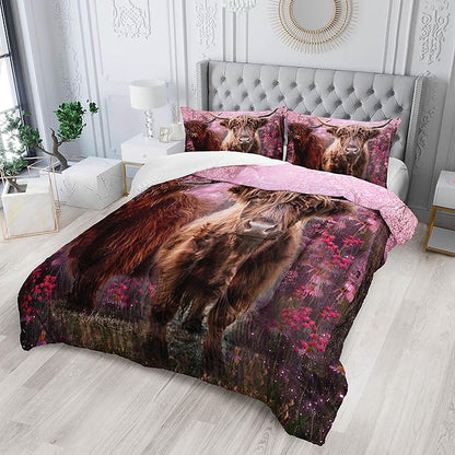 Cow Print Comforter Set Queen Size Cherry Blossoms Cow Bedding Set Farmhouse Animals Quilt Bed Set with 1 Comforter and 2 Pillowcases
