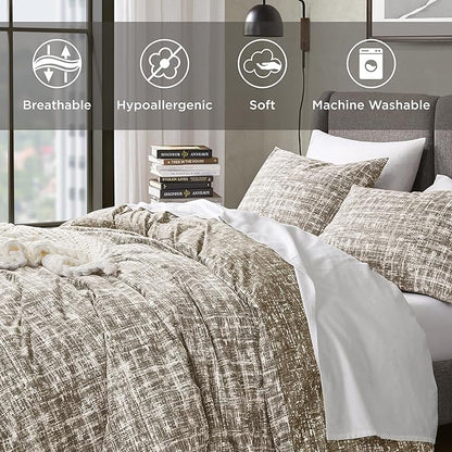 Hyde Lane Full/Queen Comforter Set, Taupe Boho Modern Aesthetic Soft Bedding, Plaid Lines Pattern Neutral Bed Sets for All Season, 3 Pieces includes 1 Comforter, 2 Shams (90"x 90")