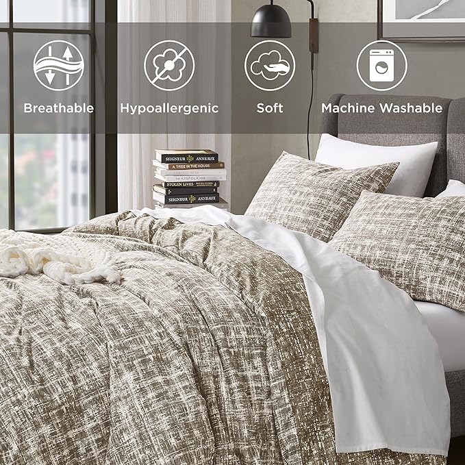 Hyde Lane Twin/Twin XL Kids Comforter Set, Taupe Boho Modern Aesthetic Bedding, Teen Boys Plaid Lines Pattern Bed Sets for All Season, 2 Pieces includes 1 Comforter, 1 Sham (66"x 90")
