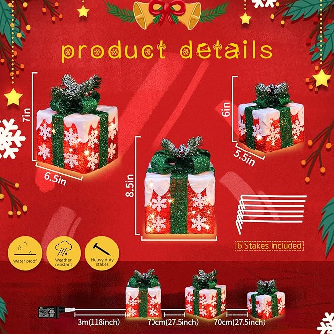 [Large 10"x8.5"x6.5" Christmas Set of 3 Lighted Gift Boxes Decorations Pre-lit 70 Super-Bright LED with Flashers,for Indoor Outdoor Christmas Tree Skirt Ornament Pathway Holiday Party Home
