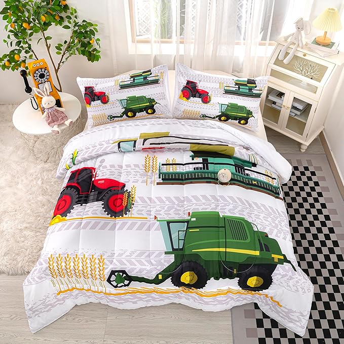 CVHOUSE Tractor Bedding Sets for Boys,Excavators Comforter Queen,Boys Cartoon Truck Comforter Set,Trucks Tractors Cars Quilt Set with 1 Comforter and 2 Pillow Cases- 3 Piece