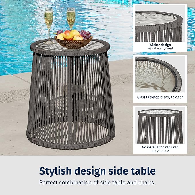 EAST OAK 3-Piece Patio Bistro Set, Patio Conversation Bistro Set with 2 Wide Ergonomic Chairs, Cushions & Glass Top Side Table, Outdoor All-Weather Wicker Furniture for Porch, Gray & Dark Gray