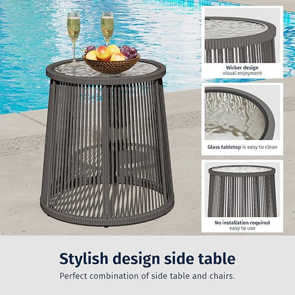 EAST OAK 3-Piece Patio Bistro Set, Patio Conversation Bistro Set with 2 Wide Ergonomic Chairs, Cushions & Glass Top Side Table, Outdoor All-Weather Wicker Furniture for Porch, Gray & Dark Gray