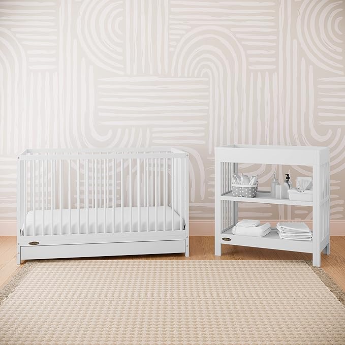 Graco Teddi 5-in-1 Convertible Crib with Drawer (White) – GREENGUARD Gold Certified, Crib with Drawer Combo, Full-Size Nursery Storage Drawer, Converts to Toddler Bed, Daybed and Full-Size Bed