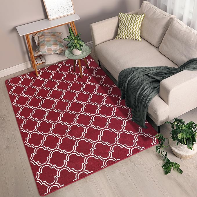 Chicrug Shag Geometric 4x6 Area Rug for Living Room, Large Modern Memory Foam Indoor Carpet, Fluffy Rug for Bedroom Bedside Room Decor for Family Girls Kids Nursery, Wine Red/White