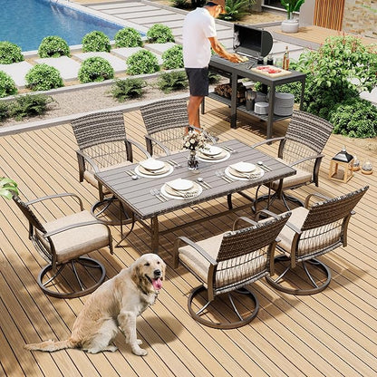 Pamapic 7 Piece Patio Dining Set for 6,Wicker Outdoor Furniture Set for Backyard Garden Deck Poolside with Iron Slats Table Top,6 Cushions Swivel Rocker Chairs,Removable Cushions(Beige)