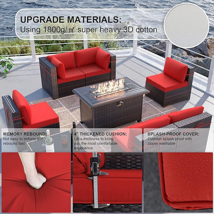 Kullavik 8 Pieces Outdoor Patio Furniture Set with 43" 55000BTU Gas Propane Fire Pit Table PE Wicker Rattan Sectional Sofa Patio Conversation Sets,Red