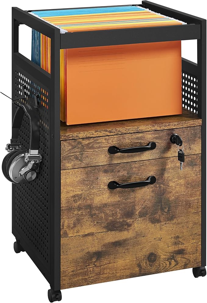 Yaheetech File Cabinets Industrial Office File Cabinet Mobile Filing Cabinet with Open Storage Shelf, Wood Filing Cabinet fits A4, Letter for Home Office Black/Rustic Brown