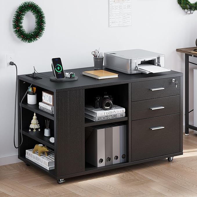 YITAHOME 3 Drawer File Cabinet with Charging Station, Home Office Furniture, Black