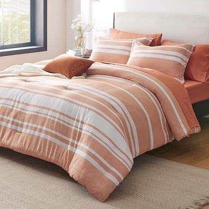 Bedsure Bed in a Bag Twin Size 5 Pieces, Burnt Orange White Striped Bedding Comforter Sets All Season Bed Set with 1 Pillow Sham, Flat Sheet, Fitted Sheet and 1 Pillowcase